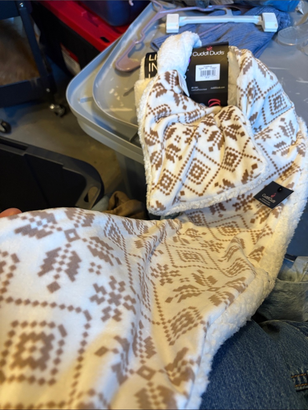 Cuddl Duds Cream and Brown Patterned Sherpa Scarf Wrap